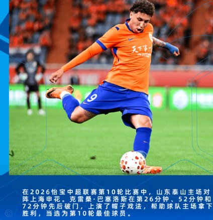 中超官方：山东泰山外援克雷桑当选联赛第11轮最佳球员